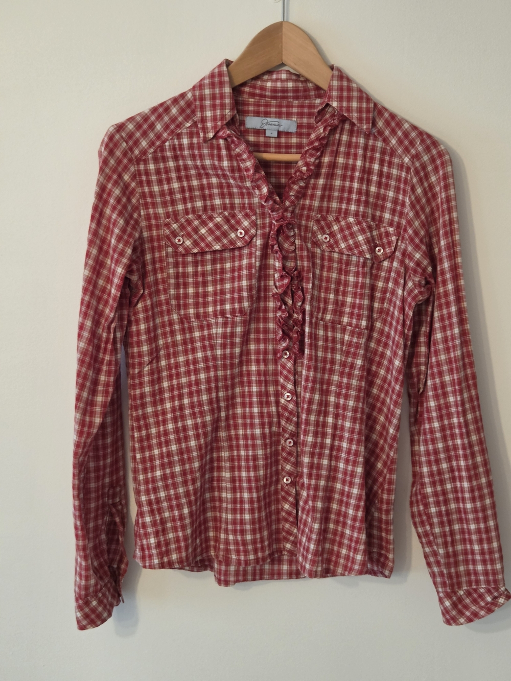 Vintage Jessica Red Plaid Ruffle-Front Button Down Shirt